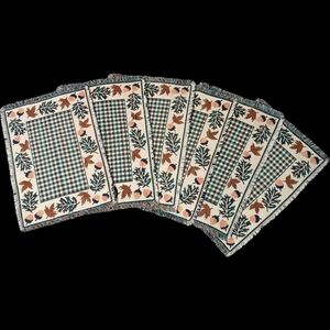 VTG 6 Rust Green Tapestry Plaid Leaves & Acorns Fringed Rectangular Placemats